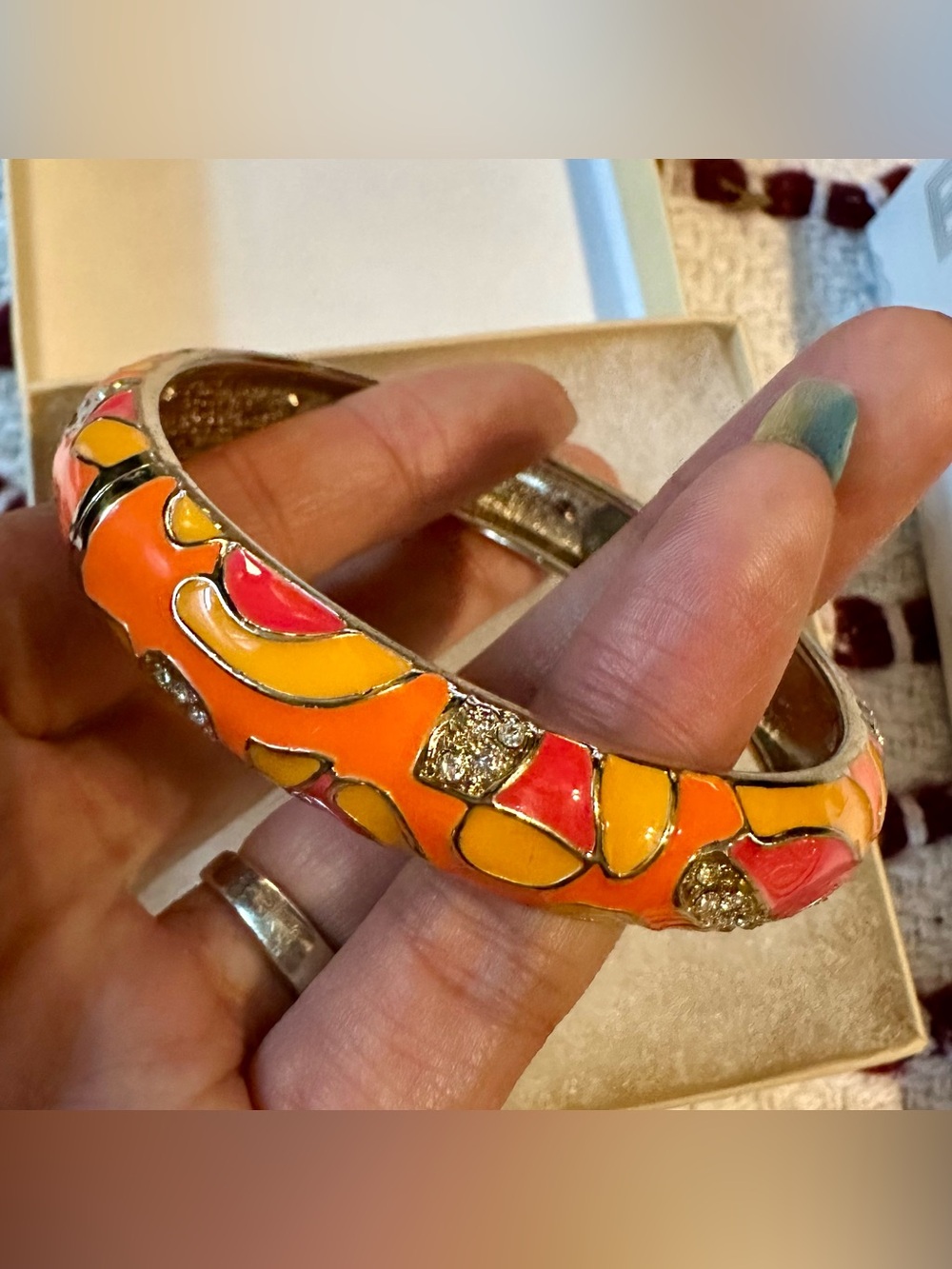 Sequin signed Vibrant yellow Orange & Pink Enamel Bangle Bracelet Crystal Accent